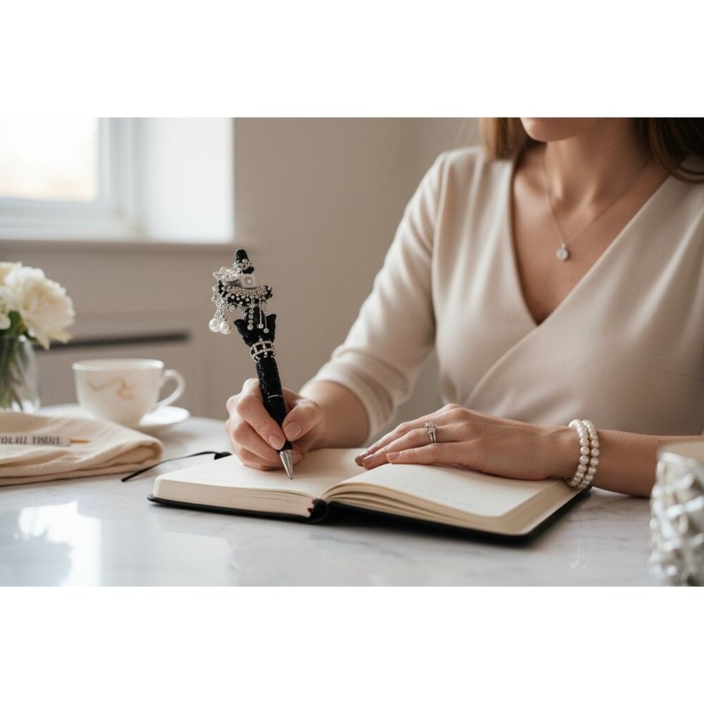 Luxury Crystal Butterfly & Pearl Embellished Black Ballpoint Pen For Elegant Wri